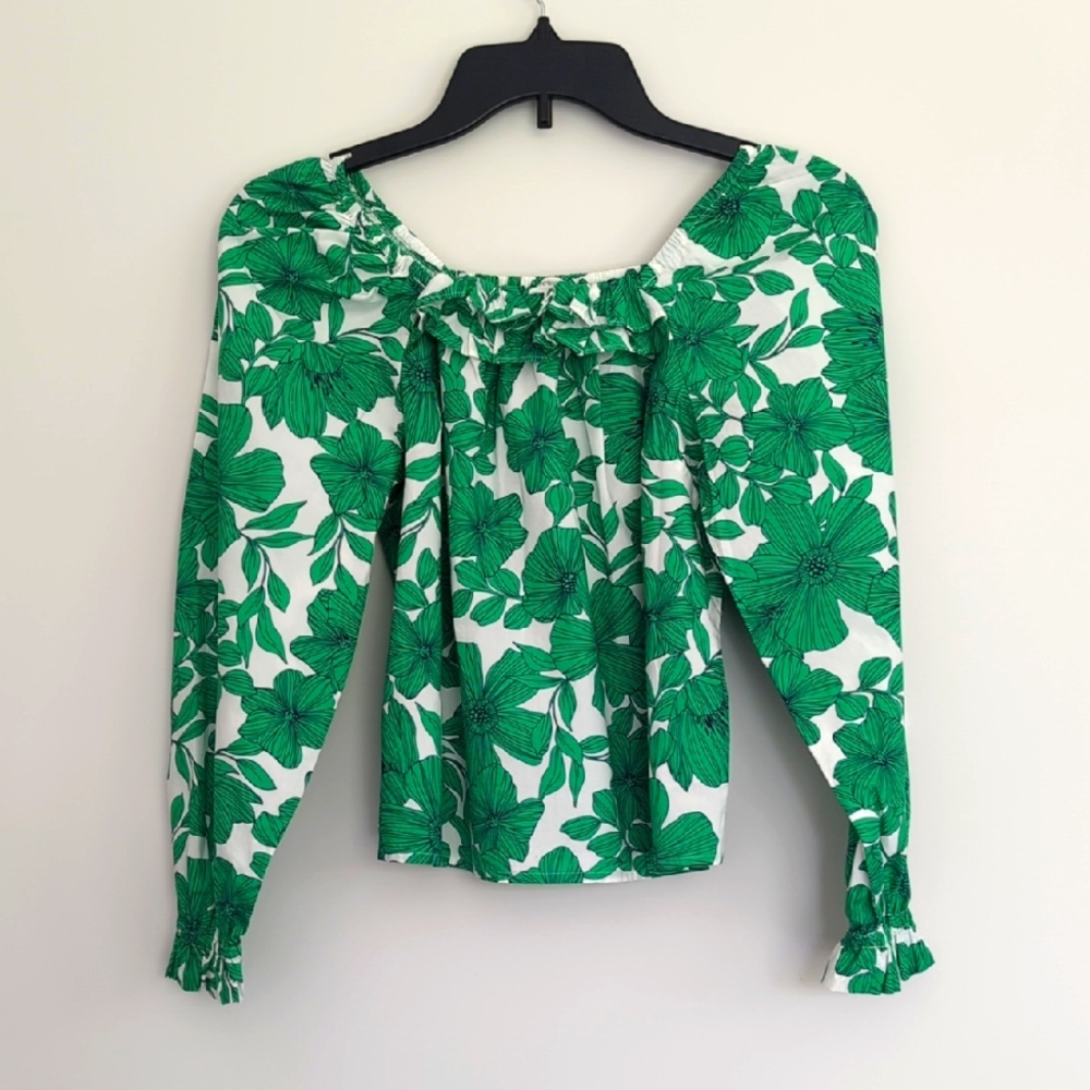 J.Crew Crewcuts Green Floral 100% Cotton Ranch Fuffle Blouse Top Size Large‎